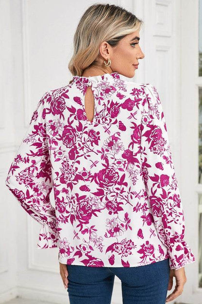 Floral Print Flounce Sleeve Keyhole Back Blouse