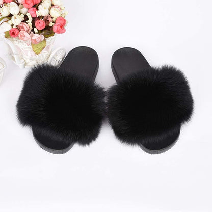 Real Fox Fur Slides for Women - Fluffy Fur Slippers Open Toe Flat Sandals for Outdoor