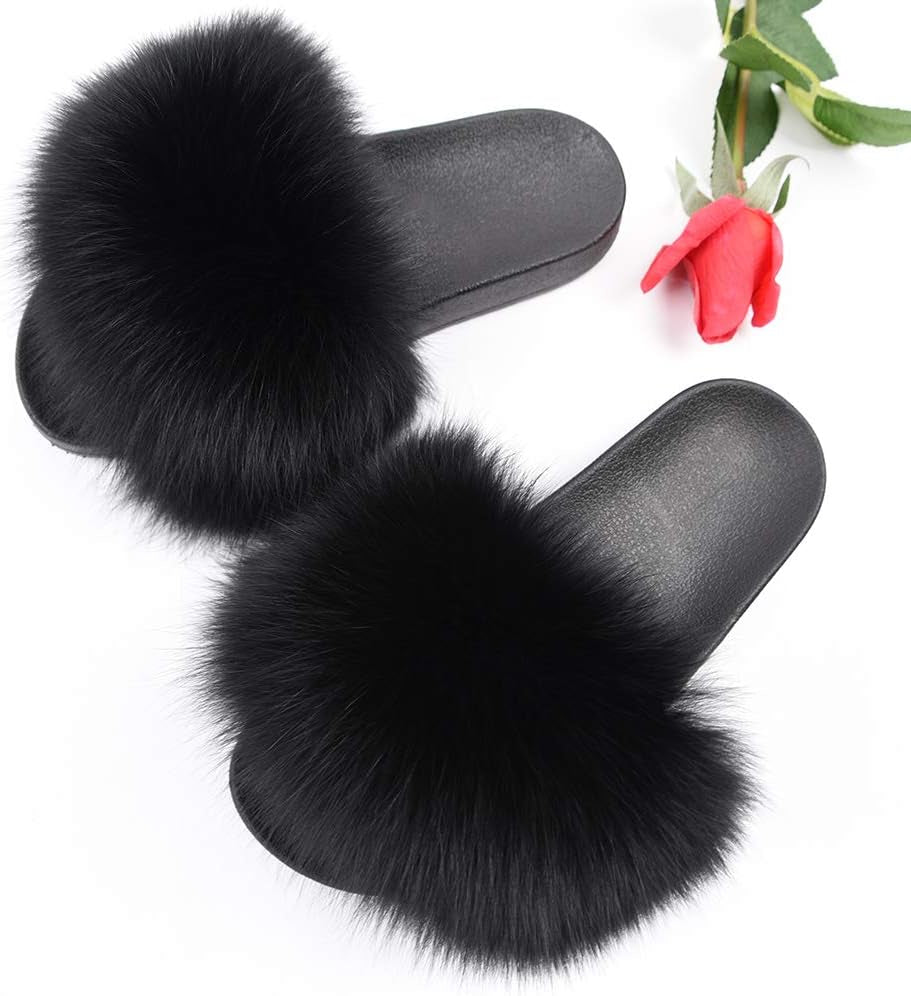 Real Fox Fur Slides for Women - Fluffy Fur Slippers Open Toe Flat Sandals for Outdoor